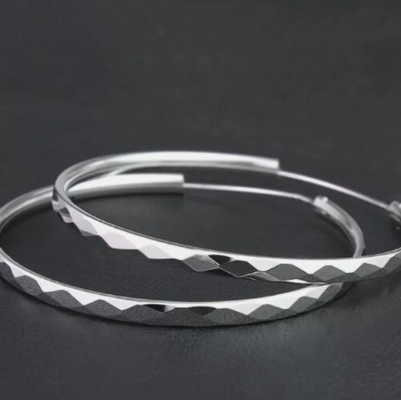 Sterling Silver Diamond Cut Big Hoop Earrings - Picture 4 of 5